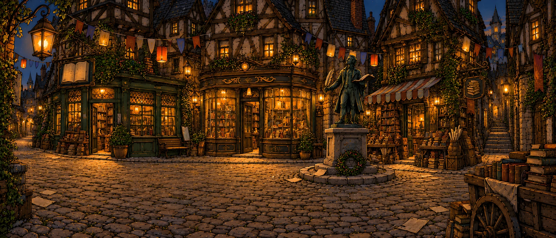 Buchhaims verwinkelte Büchergasse bei Nacht, mit goldenen Laternen, Antiquariaten und einer Dichterstatue.