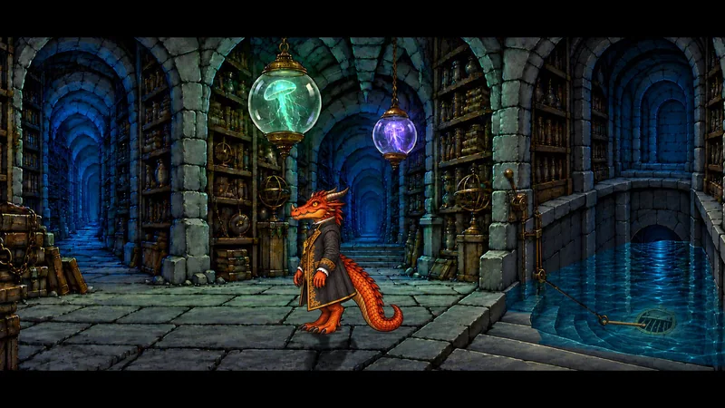 Ottokar im unterirdischen Bücherlabyrinth zwischen alten Regalen und hohen Bücherstapeln.