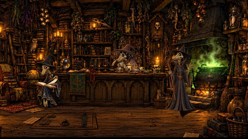 Die drei Schrecksen in ihrem Antiquariat zwischen Büchern und geheimnisvollen Gegenständen.