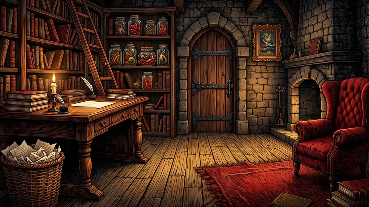 Eine gemütliche Studierstube voller Bücher, mit Schreibfeder, Kerzen und einem roten Sessel.
